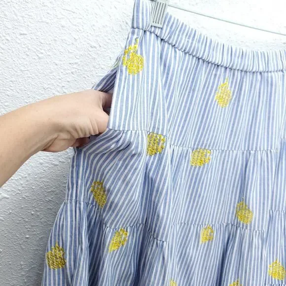 J. CREW Pinapple Embroidered Tiered Seersucker Pinstripe Lagenlook Midi Skirt - Picture 8 of 15